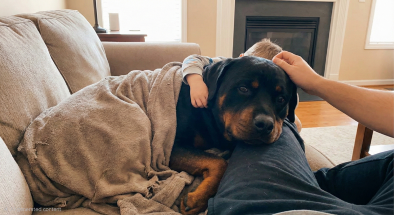 A large, gentle Rottweiler lies comfortably on a beige couch, partially covered by a soft, tan blanket. The dog rests its head affectionately on a person's lap while a small child's arm is draped over the dog's back in a warm hug. A hand gently pets the dog's head, highlighting the breed's affectionate and calm nature in a cozy home setting.