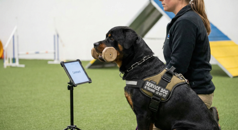 A focused Rottweiler sits obediently on green turf in an indoor training facility, holding a wooden dumbbell in its mouth. The dog is wearing a tan harness with a patch that reads "SERVICE DOG IN TRAINING - DO NOT PET." It is staring intently at a tablet mounted on a stand in front of it, which displays the word "Command" on the screen. A handler is kneeling beside the dog, and agility equipment, such as an A-frame and jumps, can be seen in the blurred background