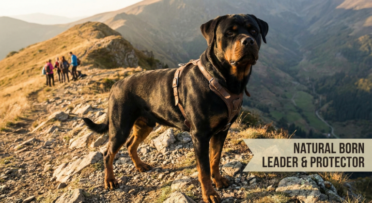 A majestic Rottweiler stands alert and confident on a rocky mountain ridge during golden hour, wearing a sturdy leather harness. The dog is positioned in the foreground, watching over the landscape, while a group of hikers walks along a trail in the distance behind it. A text graphic in the bottom right corner reads "NATURAL BORN LEADER & PROTECTOR.