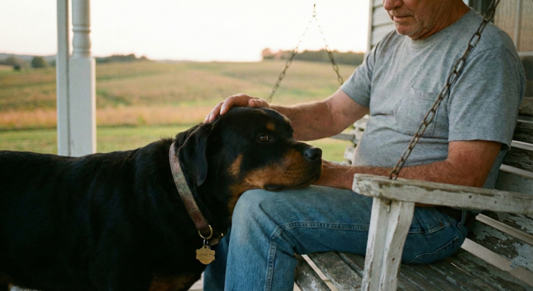 A heartwarming close-up of a young, healthy Rottweiler resting its chin affectionately on the knee of an older man sitting on a rustic wooden porch swing. The man gently pets the dog's head with a weathered hand. The dog has a shiny black and tan coat and wears a collar with a brass tag that reads 'LOYALTY.' The background features a blurred, peaceful countryside landscape bathed in the warm, golden light of sunset, emphasizing the bond of devotion between the two.