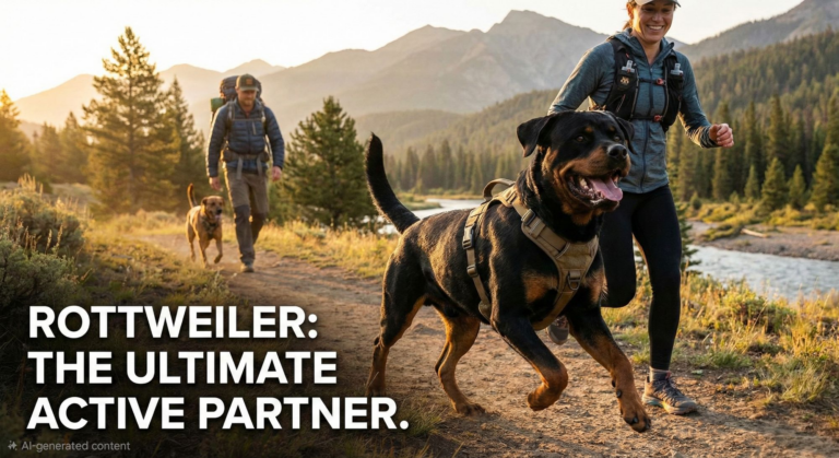 A dynamic outdoor scene featuring a large black and tan Rottweiler wearing a sturdy tan harness, jogging energetically alongside a smiling woman on a dirt trail. They are moving through a scenic landscape with mountains, pine trees, and a river in the background, where a man is hiking with another dog. Large white text in the bottom left corner reads: "ROTTWEILER: THE ULTIMATE ACTIVE PARTNER.